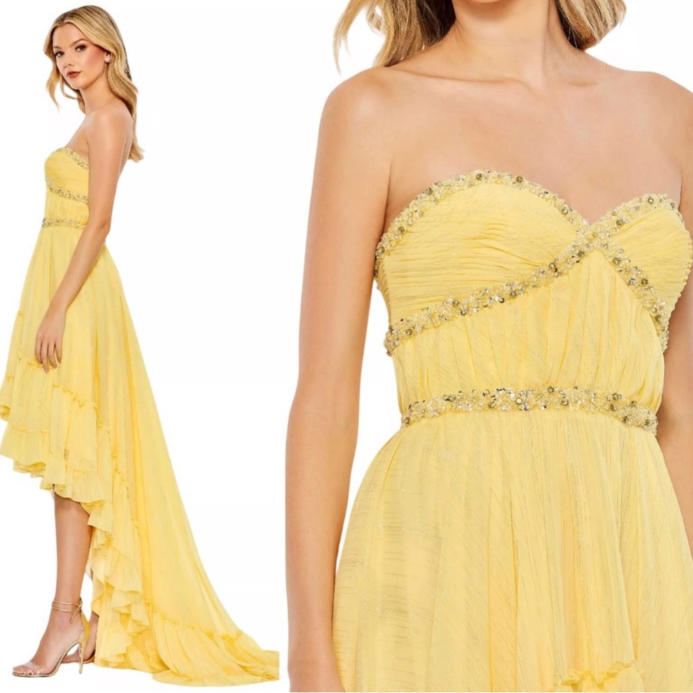 NWT Mac Duggal Lemon Yellow Strapless Embellished High Low Ruffle Gown Sz 8 $498